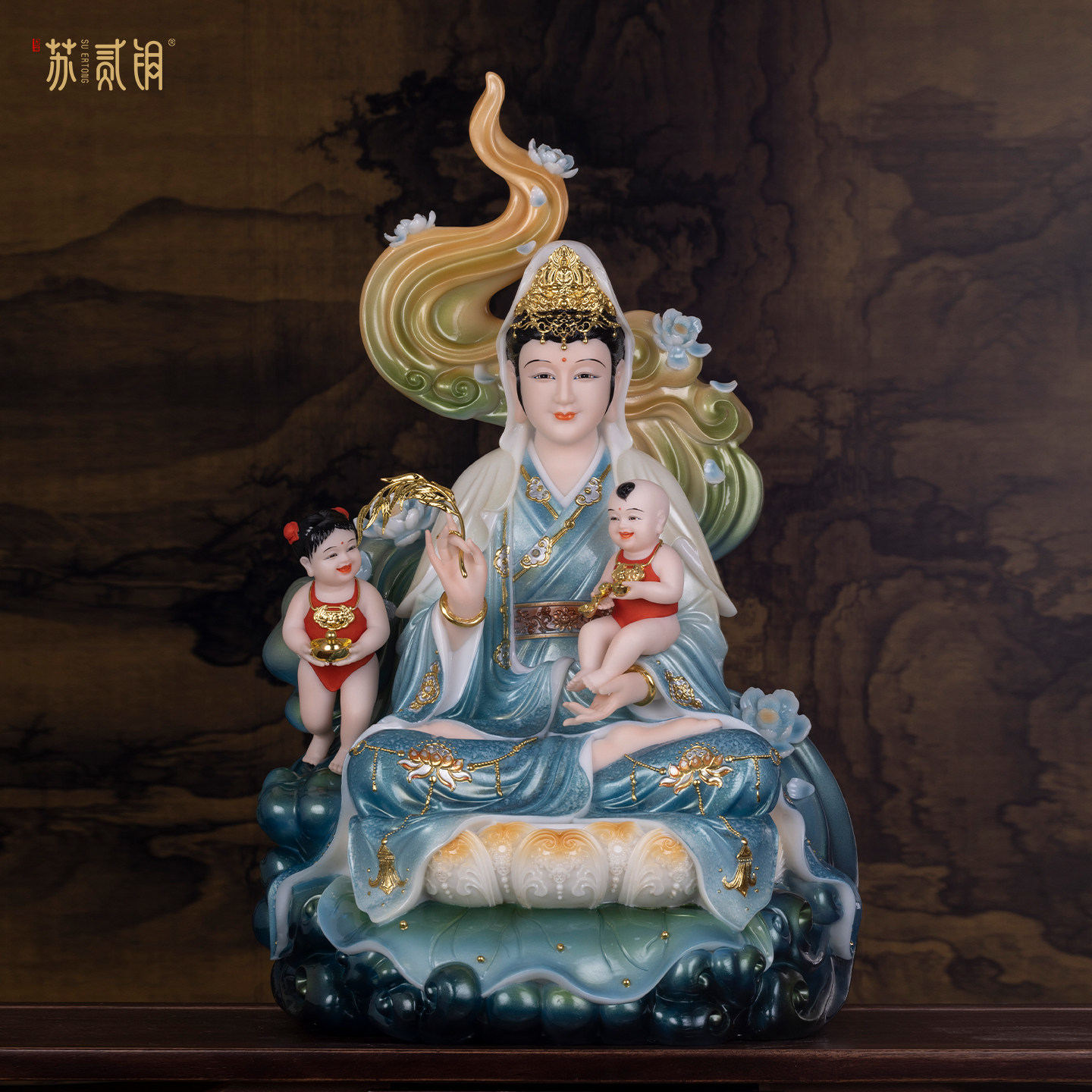 送子观音菩萨坐莲供奉佛像摆件