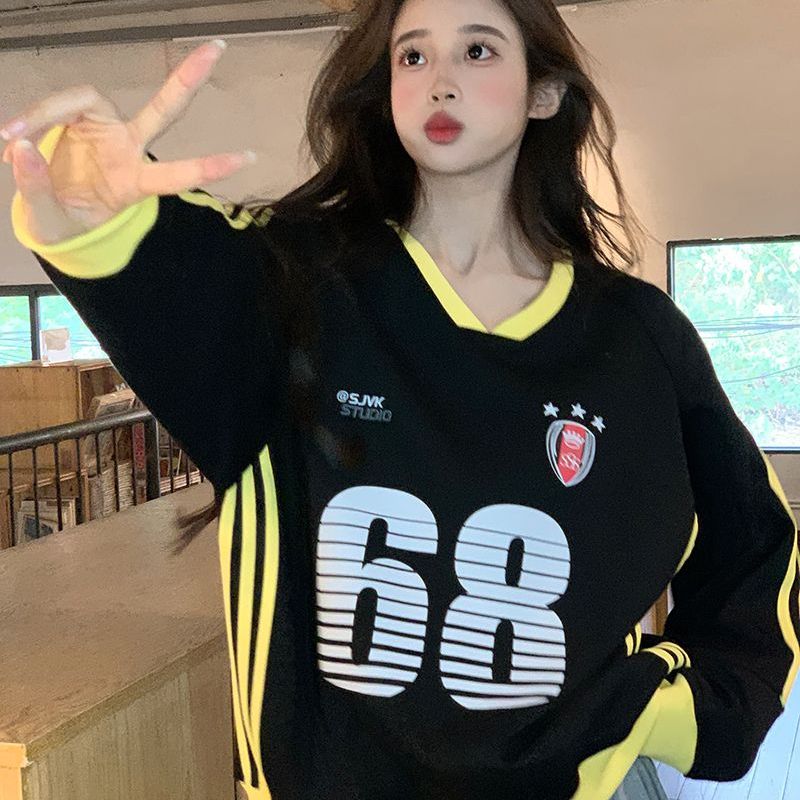 美式复古潮牌v领卫衣女春秋薄款