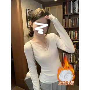 秋冬季蕾丝V领加绒加厚长袖打底衫女大码修身内搭德绒保暖T恤上衣