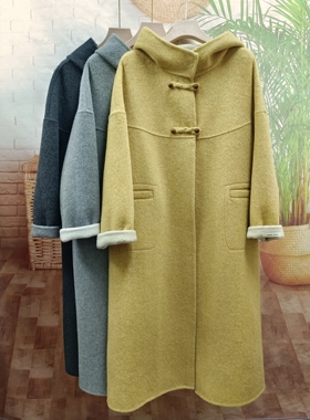 鹅黄色连帽盘扣休闲双面驼绒大衣女宽松减龄秋冬新款绵羊毛呢外套