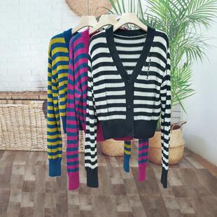 美利奴超细羊毛针织V领开衫上衣女黑白条纹单排扣经典百搭毛衣 秋