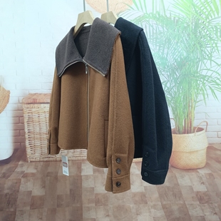 暖橙拿铁复古大翻领撞色双面羊绒大衣年轻款冬装小个子短款呢外套