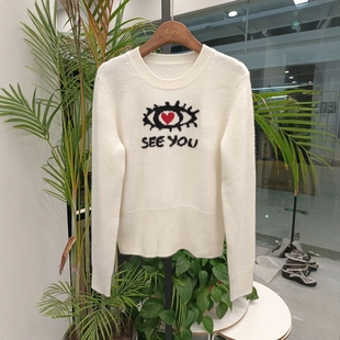 文艺范山羊绒针织上衣女字母刺绣简约风宽松百搭白色圆领套头毛衣