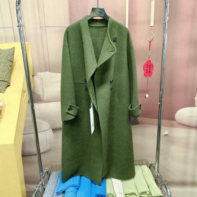 年底惊喜价商场同款羊毛桑蚕丝骆驼绒苔绿色冬季双面毛呢大衣外套