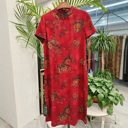 特惠桑蚕丝花萝香云纱新中式旗袍领红色连衣裙女夏妈妈款真丝裙子