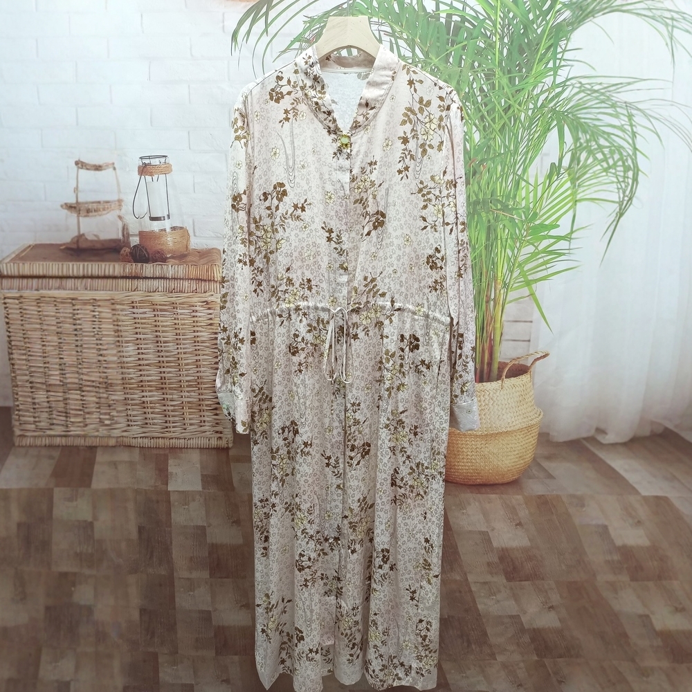 藕粉色桑蚕丝提花段长袖连衣裙女抽身调节腰时尚减龄碎花真丝裙子