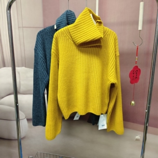 法式复古分离式脖套毛衣女减龄时尚黄色套头宽松版针织长袖上衣潮
