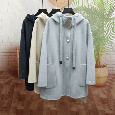 连帽麻花单排扣双面羊绒大衣女韩系休闲中长款羊毛呢外套秋冬新款