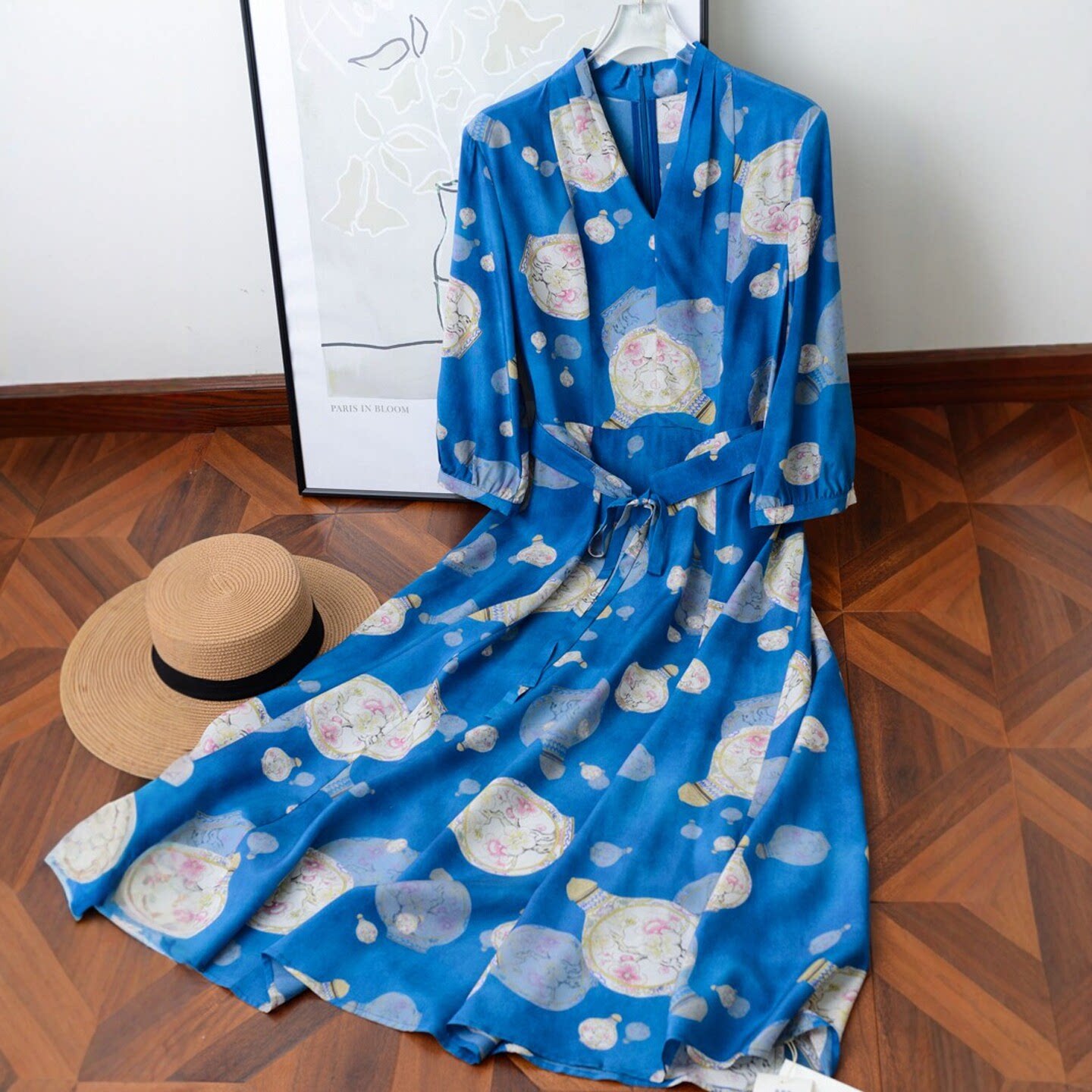 甜美气质印花桑蚕丝连衣裙女夏季中袖V领套头真丝长裙子(缺腰带)