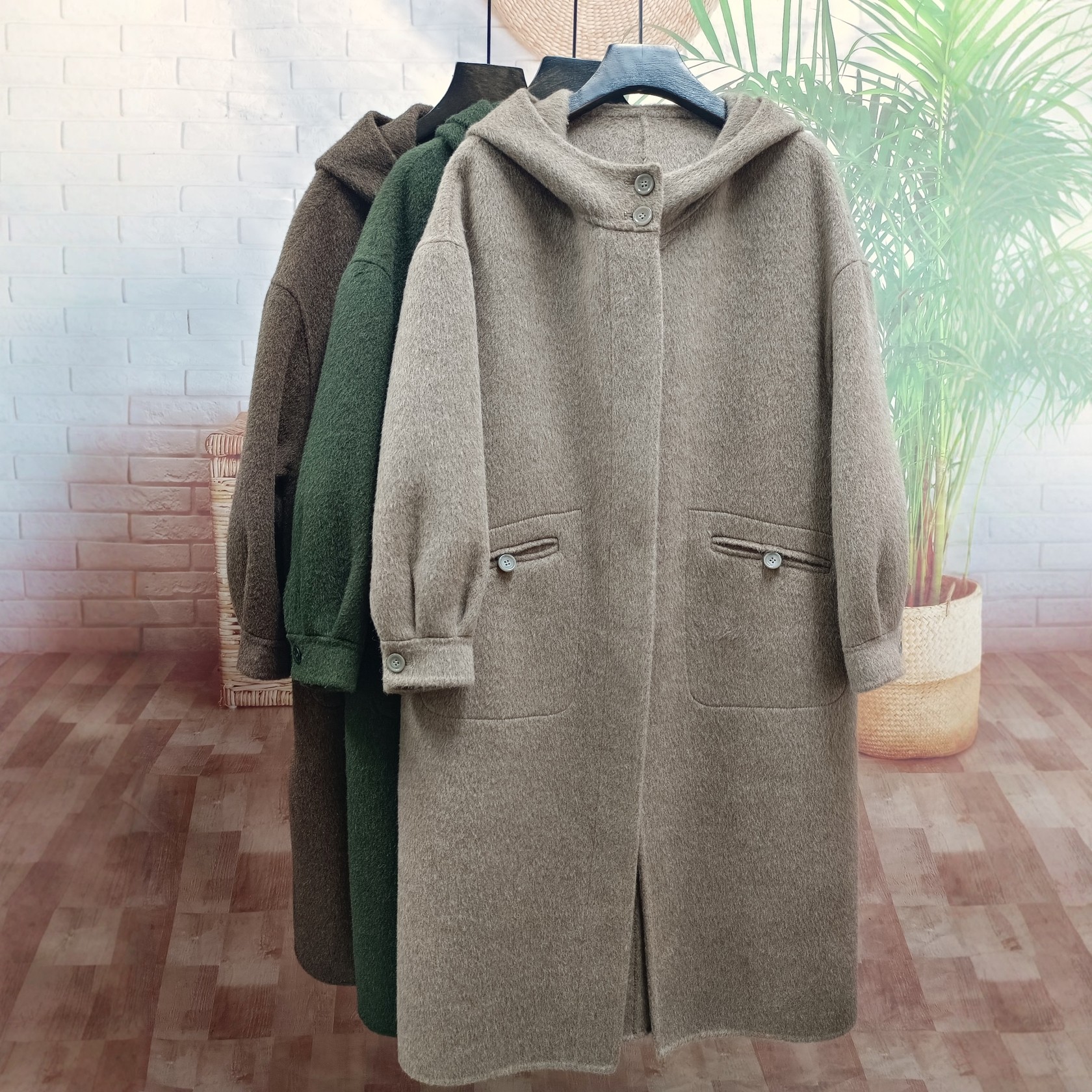 法式慵懒风双面羊毛呢外套休闲灯笼袖连帽中长款蚕丝牦牛绒大衣女