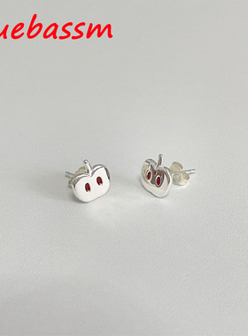 DUEBASSM通体纯银小苹果耳钉女小巧可爱立体滴釉少女心百搭耳饰韩