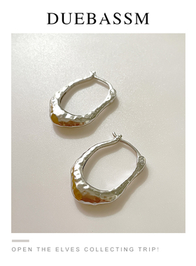 漾/纯手工锤纹纯银耳环ins小众设计极简百搭不规则港风个性耳圈女