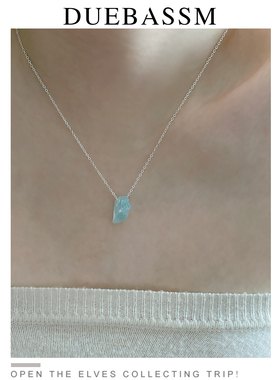 DUEBASSM通体925纯银项链独特天然海蓝宝能量石锁骨链未加工打磨