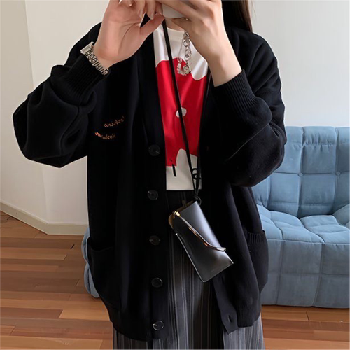 黑色学院风V领显瘦针织开衫