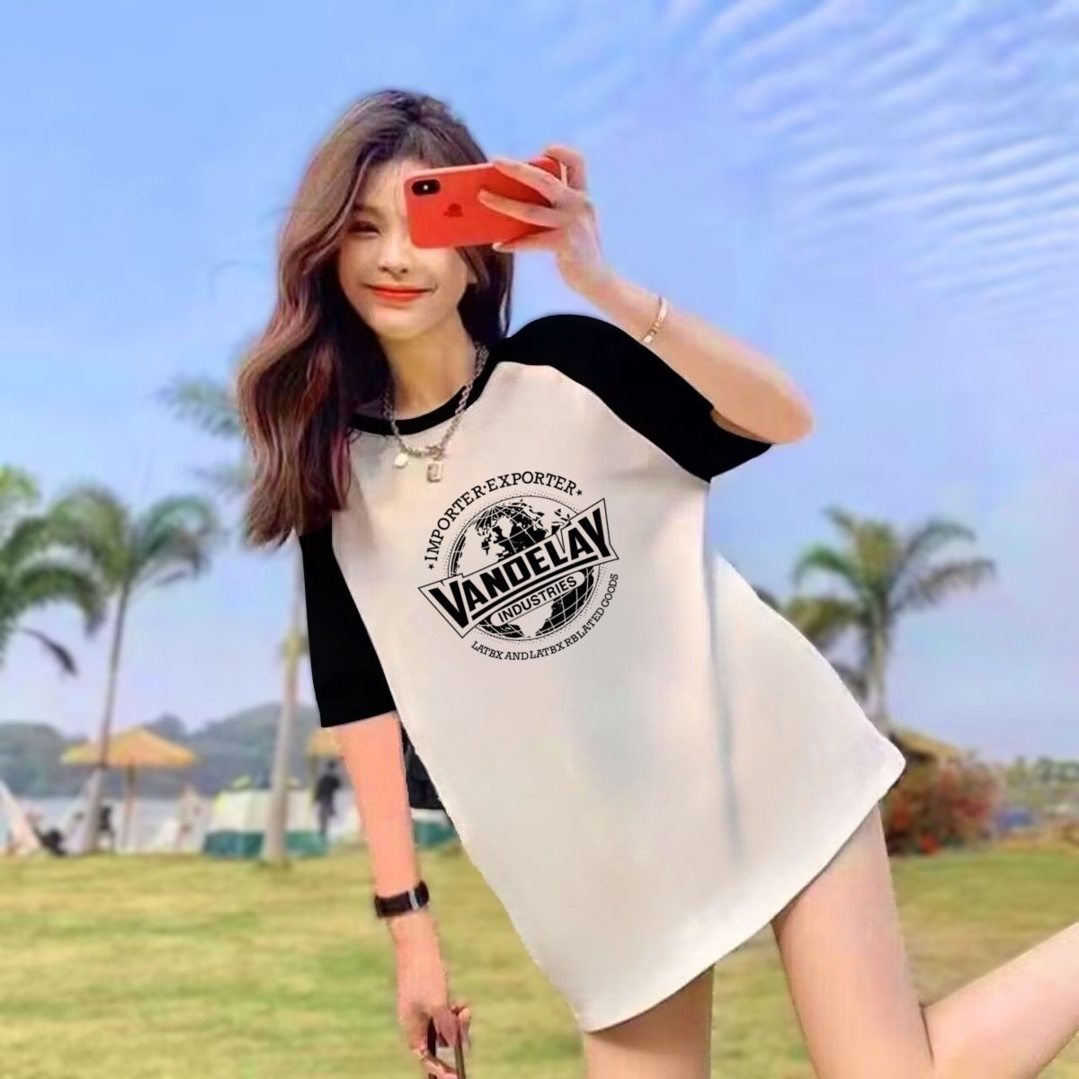 100%纯棉中长款短袖t恤女新款夏季拼肩袖宽松遮臂屁股大码上衣服