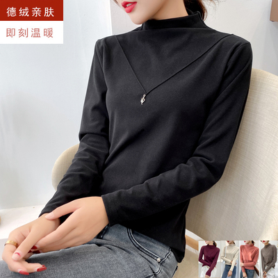 德绒打底衫女秋冬装黑色修身显瘦百搭紧身半高领T恤内搭长袖上衣