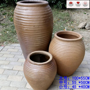 复古陶罐粗陶缸土陶落地组合景观餐厅庭院装饰摆件螺纹陶瓷插花瓶