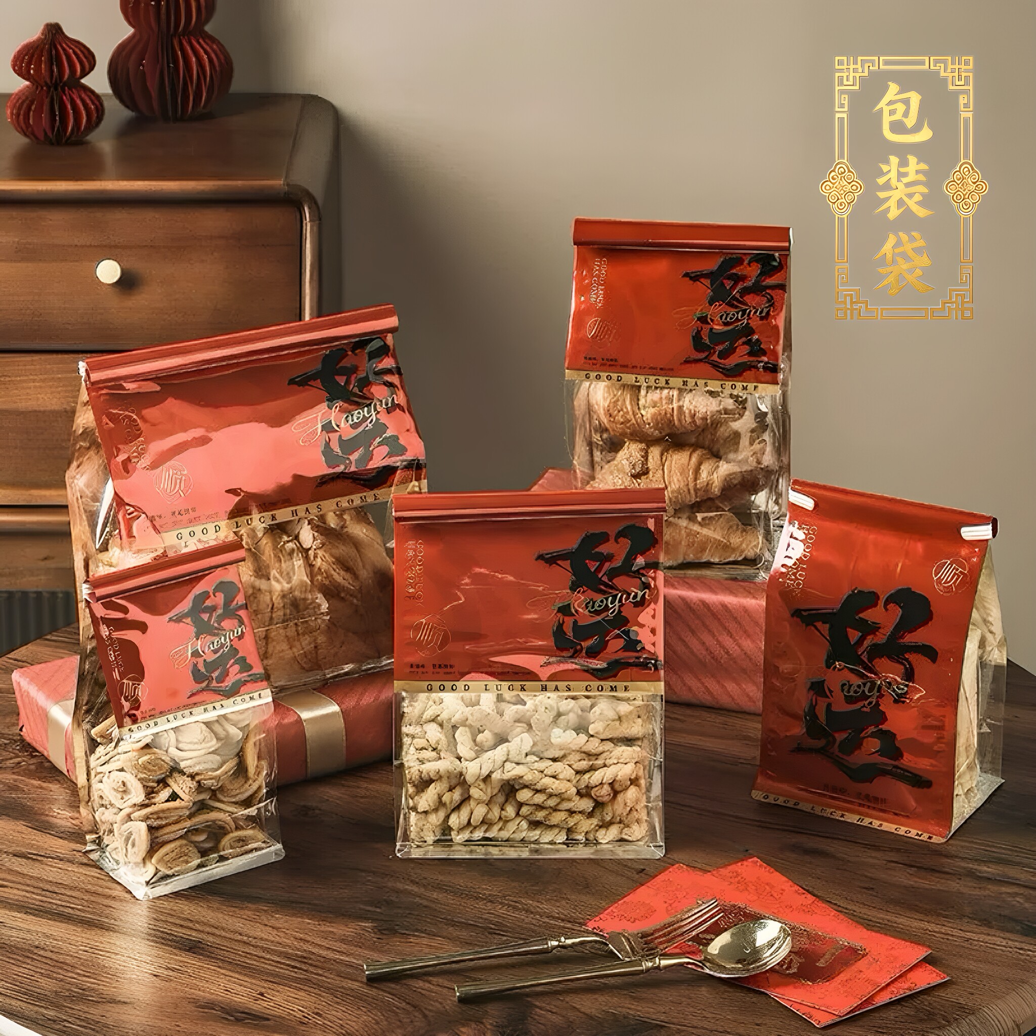 新年好运年货包装袋干点酥点国潮烘焙袋中式糕点零食袋点心桃酥袋