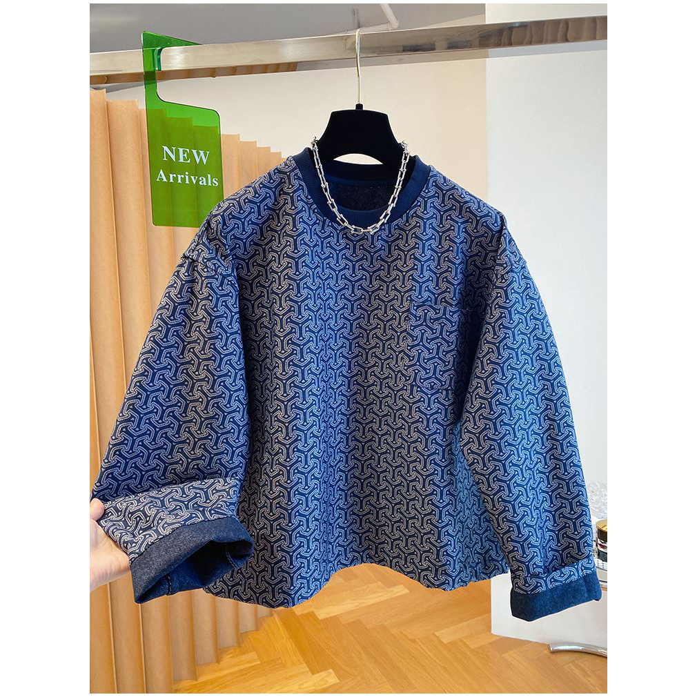 美式潮牌痞帅复古牛仔卫衣女大码300斤宽松圆领洋气上衣秋冬新款