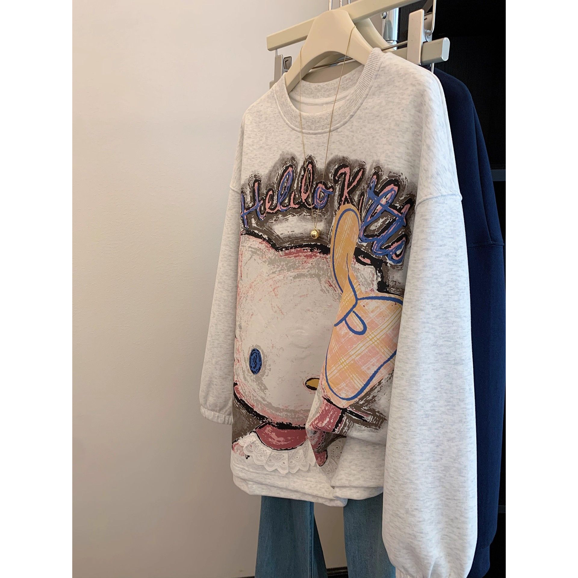 大码300斤卡通kt猫印花圆领套头加绒卫衣女秋冬减龄宽松上衣长袖