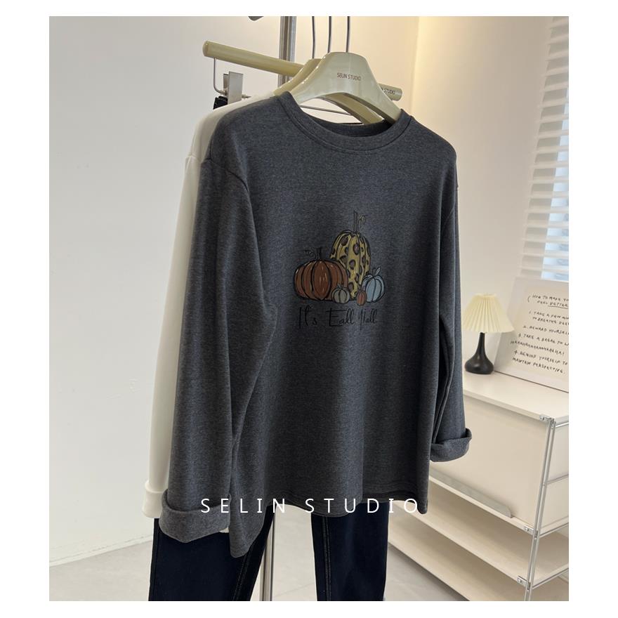 潮流设计感别致印花慵懒风长袖T恤百搭宽松大码休闲显瘦舒适上衣
