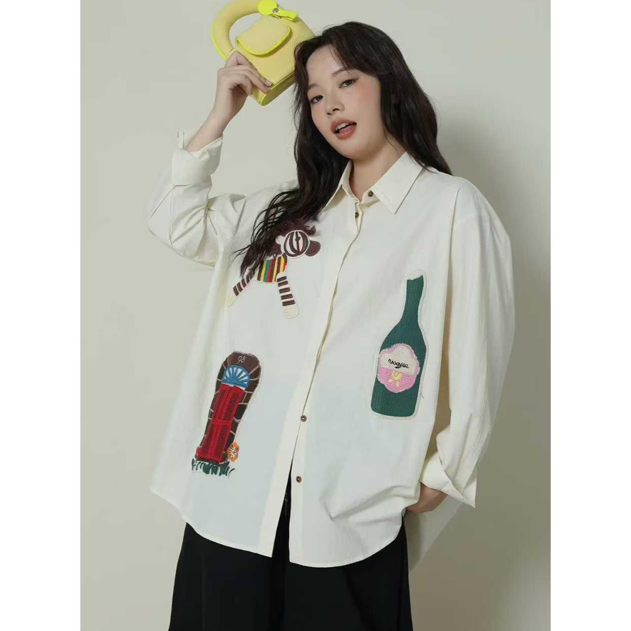 2025秋季新款卡通显瘦减龄长袖衬衫女胖MM300斤大码休闲舒适上衣