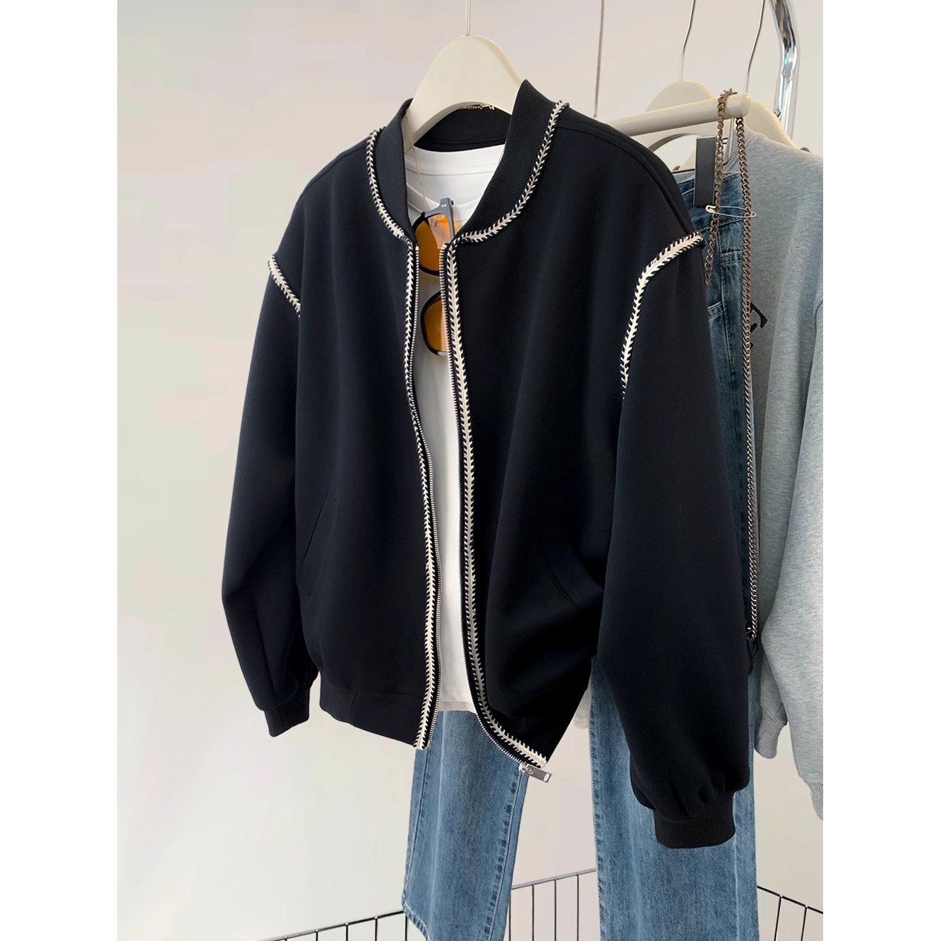 美式街头潮牌拉链棒球服外套女大码300斤秋冬季加绒加厚保暖夹克