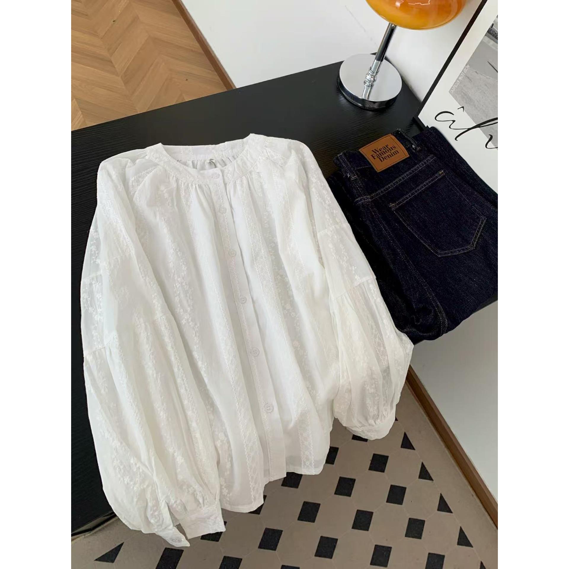 微胖大码300斤圆领设计感刺绣长袖衬衫百搭圆领休闲显瘦洋气上衣