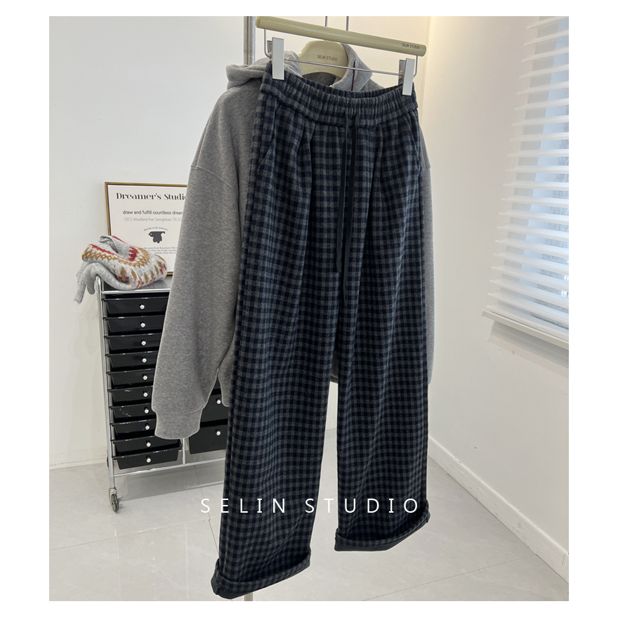 大码300斤韩版复古百搭直筒休闲裤女秋冬宽松加绒保暖格子裤长裤