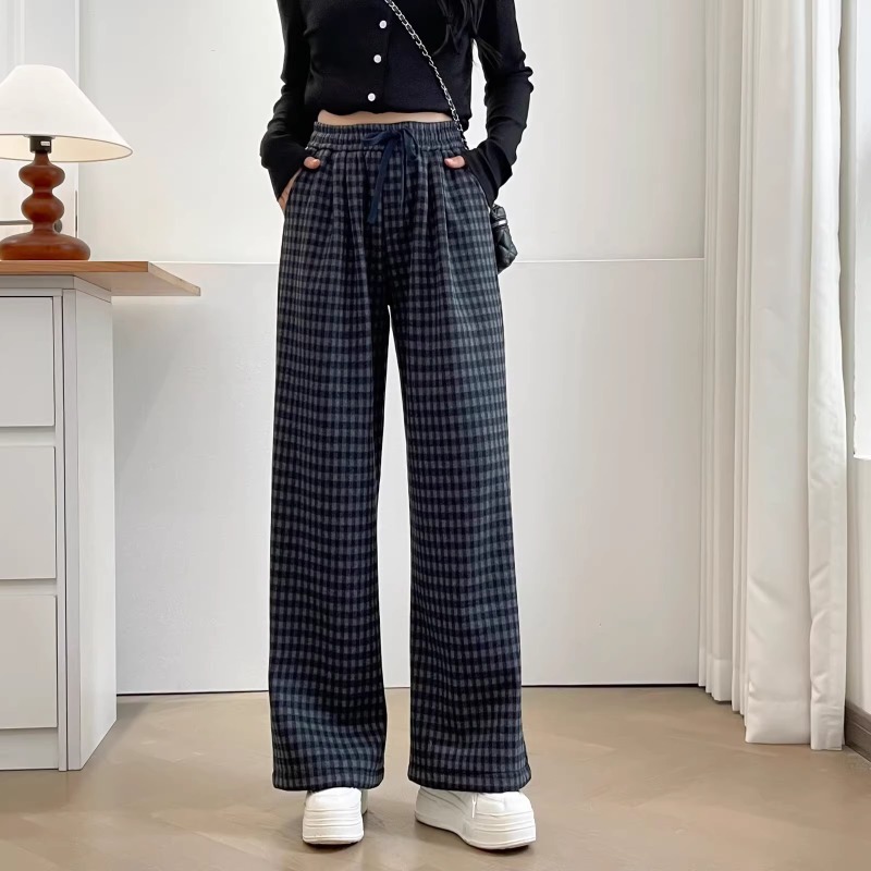 胖妹妹加绒阔腿裤女大码300斤宽松休闲百搭经典加厚格子直筒长裤