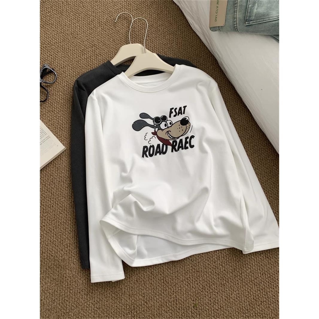 秋冬减龄卡通印花长袖T恤女宽松休闲德绒磨毛内搭圆领打底衫上衣