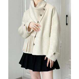 韩系小个子小众宽松羊毛呢外套女围巾款潮流拆卸多穿双面羊绒大衣