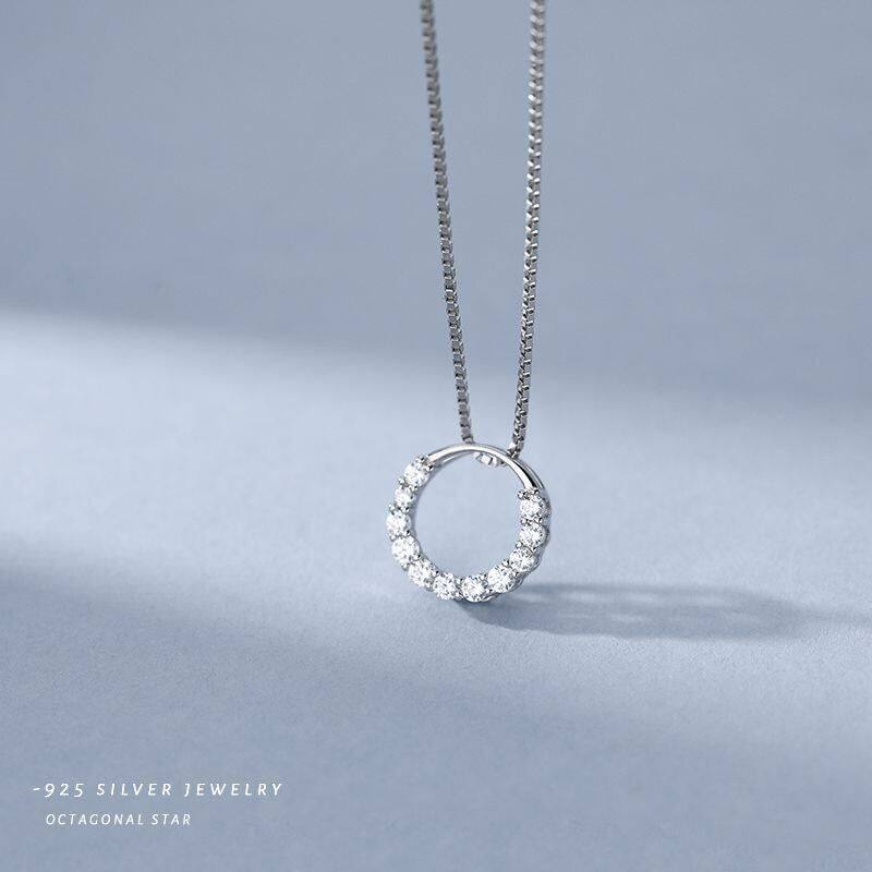 S925纯银圆圈项链女韩版小清新镶钻锁骨链简约气质小众轻奢感套链