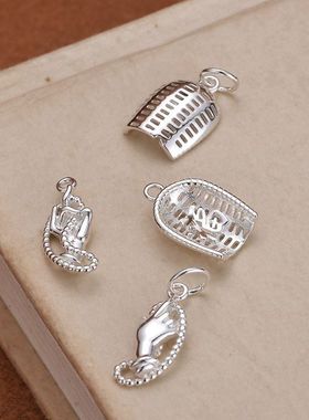 S925纯银吊坠配件项链手链红绳挂件单坠子挂坠簸箕兰花指挂坠配饰