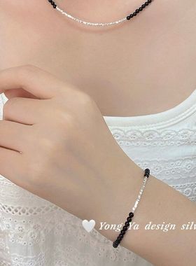 S925纯银黑玛瑙碎银子项链碎银几两手链波光粼粼手工新款