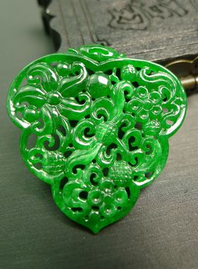 #3769冰种满色辣绿天然A货翡翠缕空雕花吊坠胸针花片