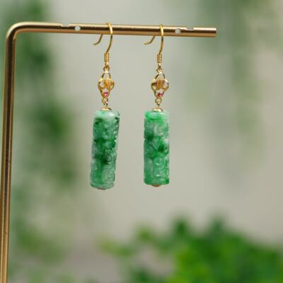 #N112 18K金阳绿缅甸天然A货翡翠雕花卷草纹桶珠耳坠古风耳饰