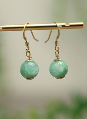 #K547一对14K包金镶嵌绿色缅甸天然A货翡翠珠子耳坠耳钩款圆珠