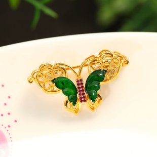 E601银鎏金加红宝镶嵌天然A货翡翠蝴蝶胸针吊坠二用款