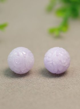 #I192一对紫罗兰天然A货翡翠雕花珠子 紫色团寿龙纹圆珠佛珠顶珠