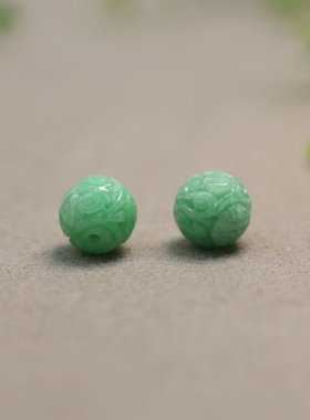 #I127糯底满绿天然A货翡翠雕花珠子 11MM团寿龙纹圆珠