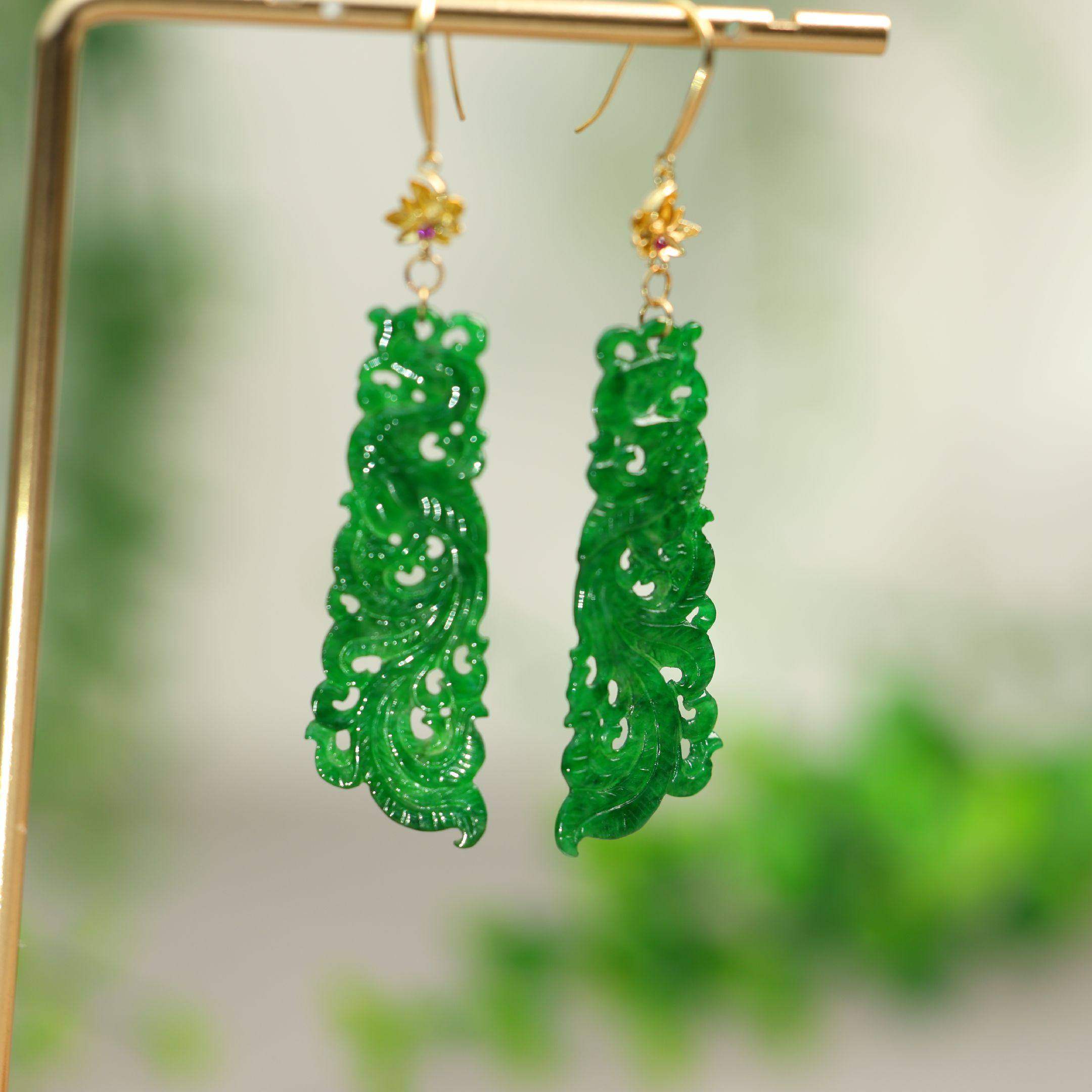 #D404 18K金镶嵌冰种辣绿缅甸天然A货翡翠镂空凤鸟耳坠古风耳饰,珠宝/钻石/翡翠,耳饰,淘宝优惠券,粉丝福利购,淘宝优惠卷