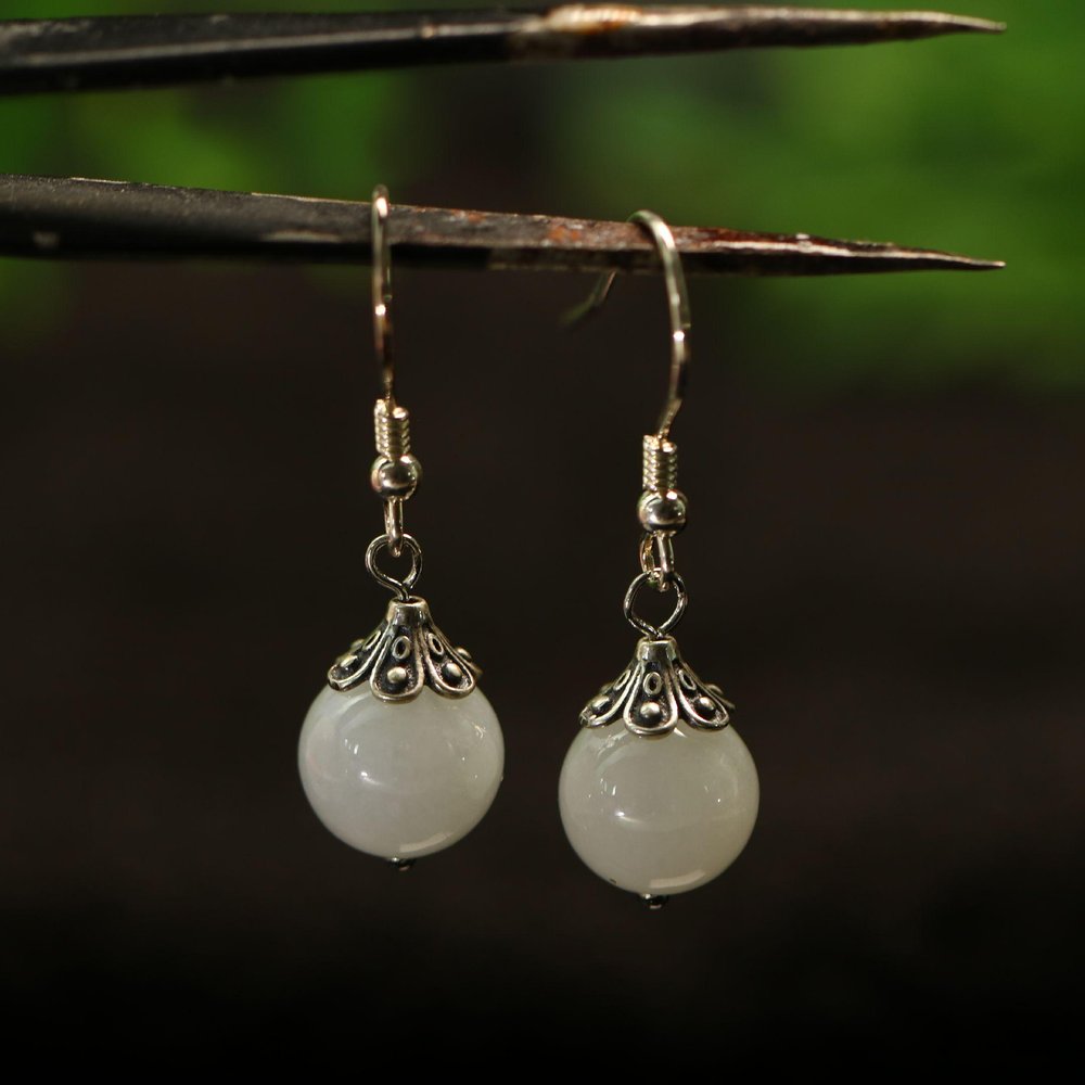 白冰天然A货翡翠素面珠子耳环