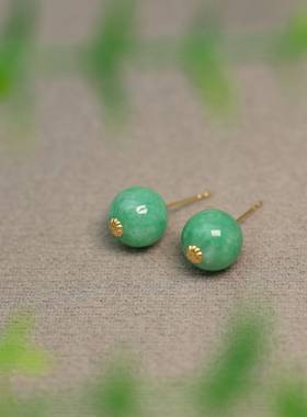 #K553 18K金镶嵌满绿缅甸天然A货翡翠珠子耳钉圆珠耳饰