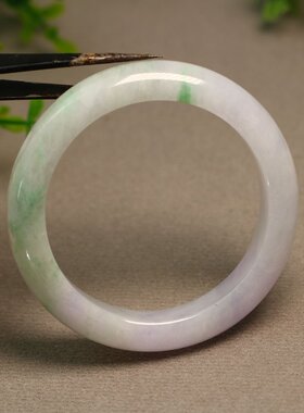 #E295 55号圈口糯底淡紫飘绿花天然A货翡翠手镯