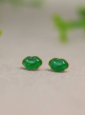 #K554 18K金镶嵌老坑冰种满绿天然A货翡翠如意头耳钉耳饰