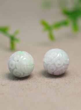 #K713紫飘绿缅甸天然A货翡翠团寿龙纹雕花珠子 14MM圆珠佛珠顶珠