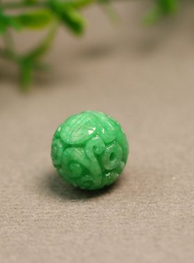 #D178 满色阳绿天然A货翡翠团寿雕花鼓珠珠子