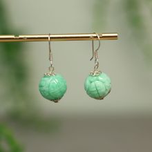 #K379 满绿缅甸天然A货翡翠团寿龙纹雕花圆珠子耳坠中国古风耳饰