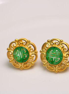 #0486一对银鎏金镶嵌满绿天然A货翡翠缕空圆形寿字耳钉